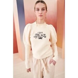 Ulla Johnson I Love New York Philo Sweater Medium Cream Puff Sleeve Cotton NYC